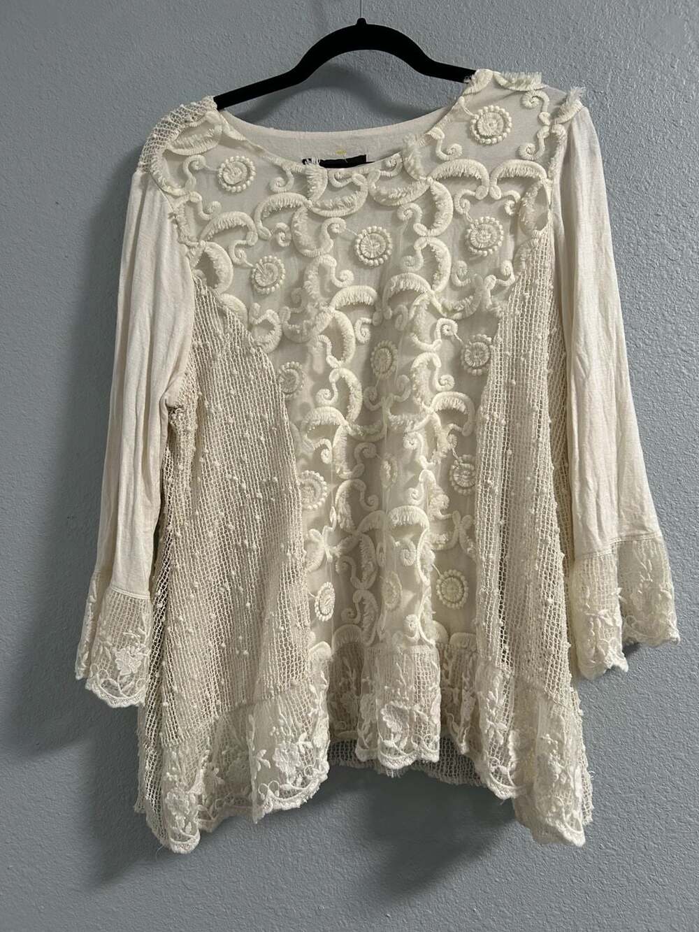 ali miles Women's Ivory Crochet Lace Long Sleeve Blouse Top Size PL
